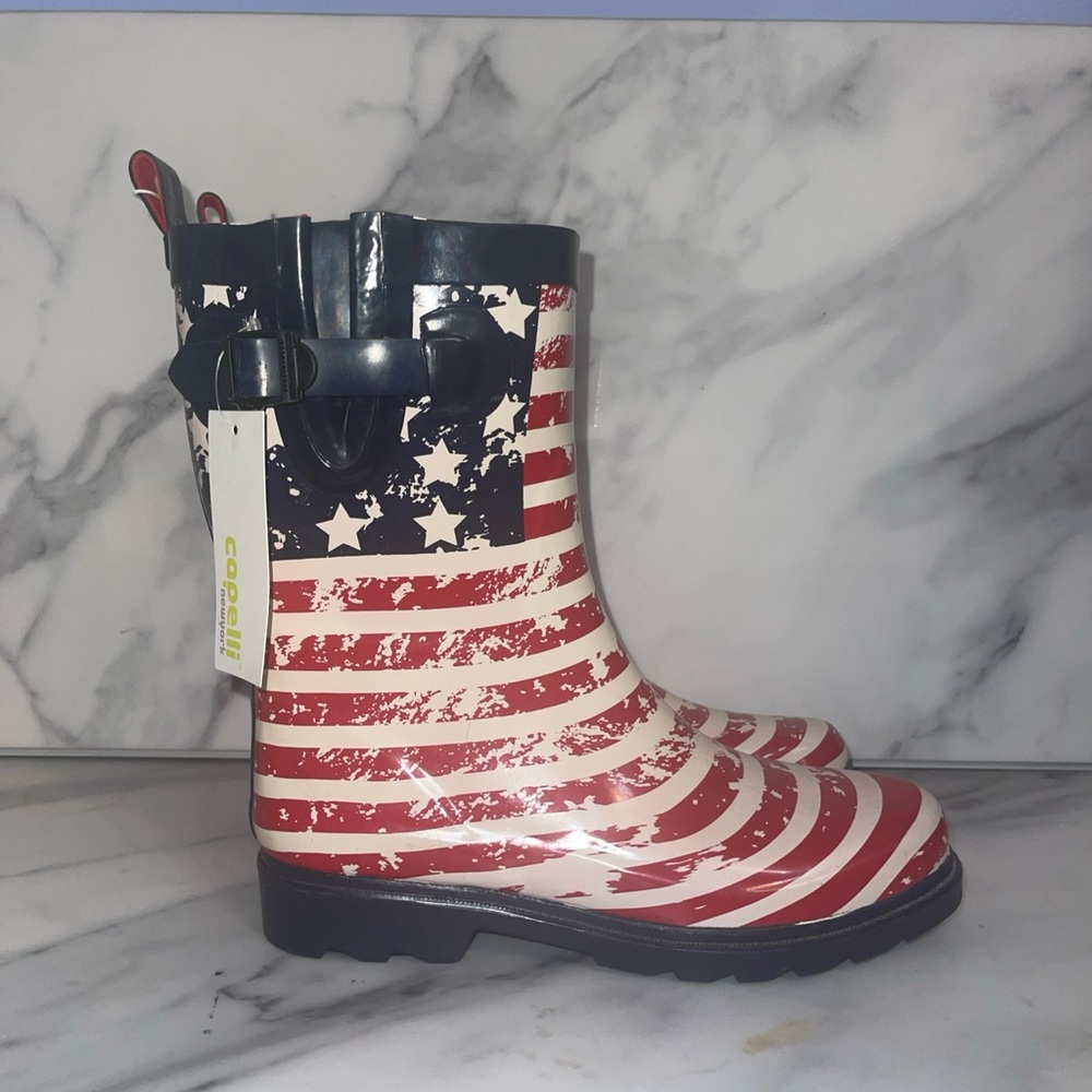 NWT Capelli Waterproof Rain Boots US Flag Red, White & Blue Women’s Size 7